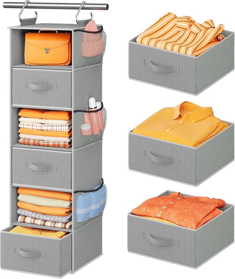 Pipishell Hanging Closet Organizer 6-Shelf, Hanging Shelves for Closet with 3 Removable Drawers & Side Pockets for Bedroom, Garment Rack and Wardrobe Organization, 12' x 12' x 43.3', Dark Gray - Image 1